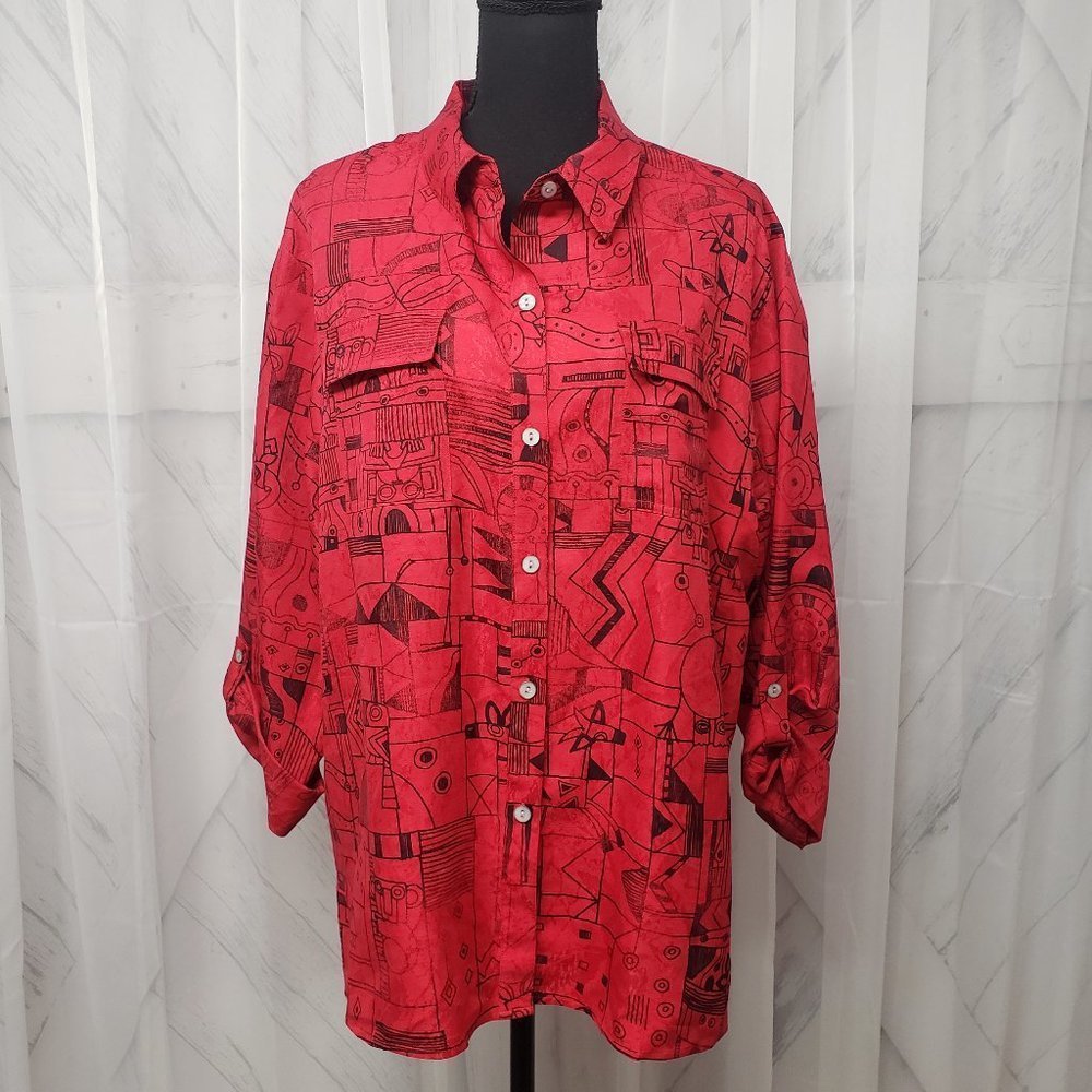 Women’s Red Button-Up Shirt with Abstract Print